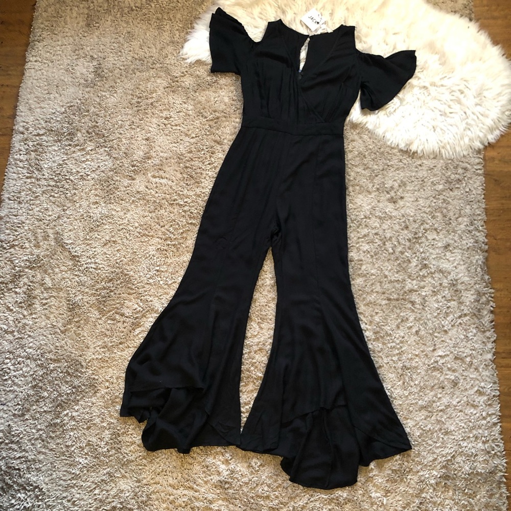 Jack by BB Dakota. Black Cold-Shoulder Bell Bottom Romper. NWT